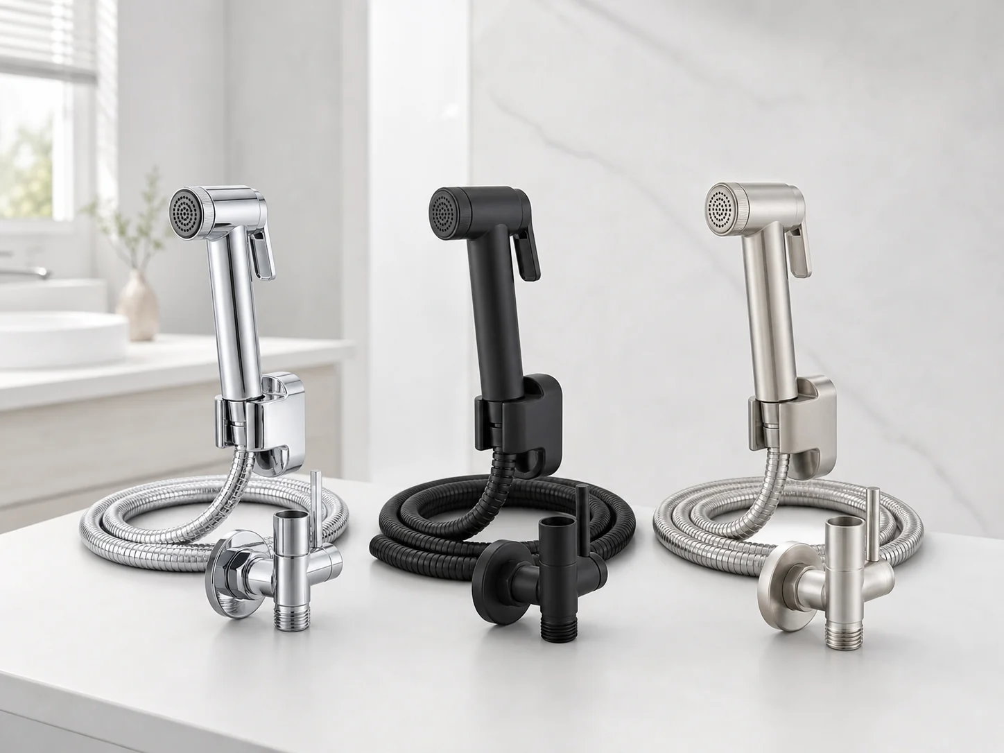 Handheld bidet sprayer kits in chrome, black, and brushed finishes