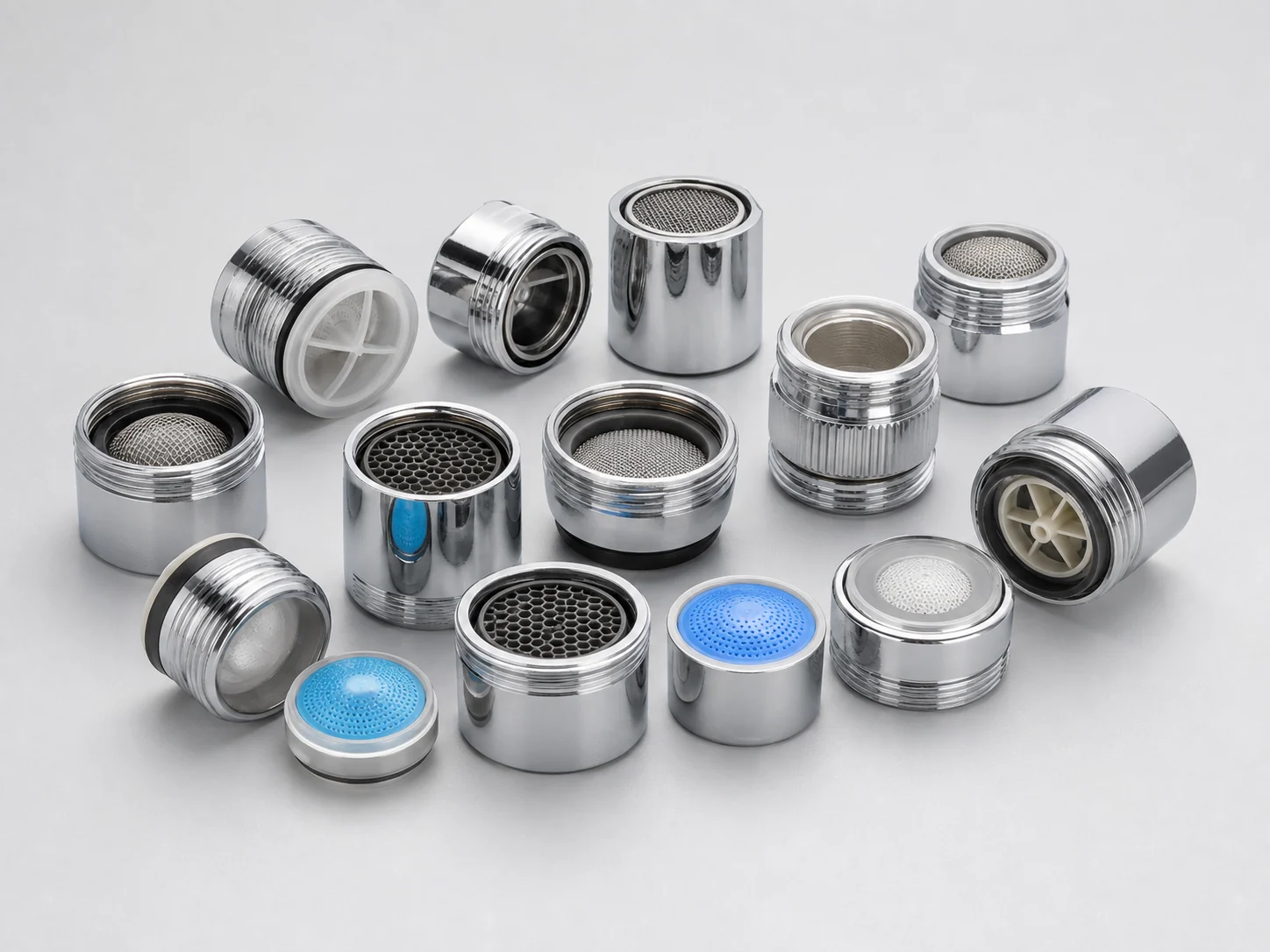 Chrome faucet aerators and flow regulator components