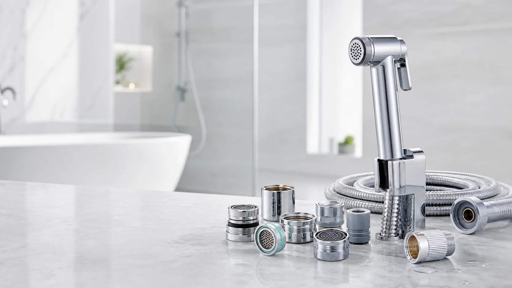 Faucet aerators and handheld bidet sprayer products in a modern bathroom